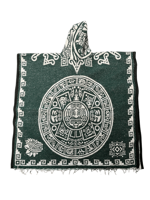 Green and White Aztec Calendar with Warrior Poncho/Gaban with Hoodie / Gorro