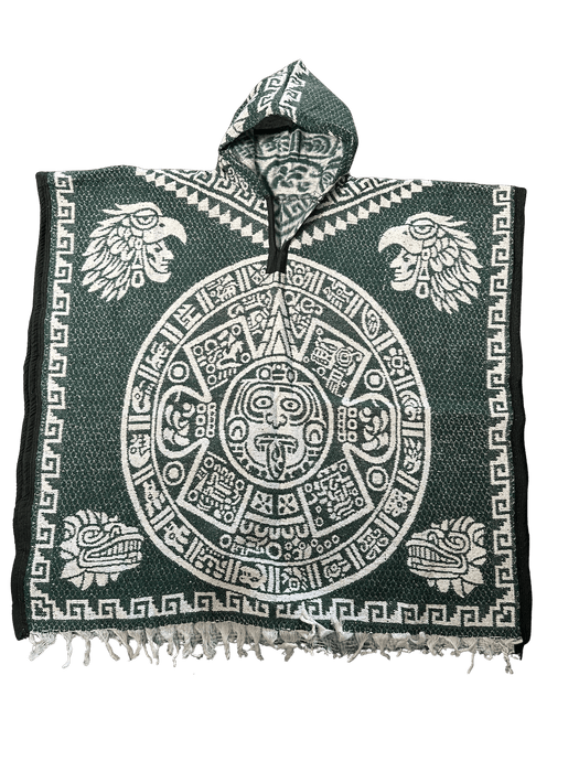 Green and White Double Aztec Calendar Poncho/Gaban with Hoodie / Gorro