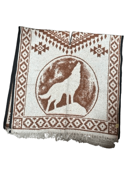 Rust and White "Wolf Howling at The Moon" Poncho/Gaban