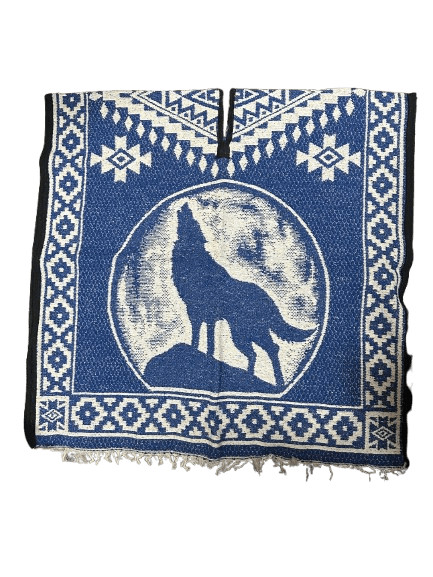 Blue and White "Wolf Howling at The Moon" Poncho/Gaban