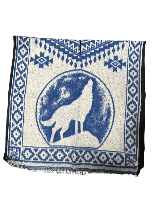 Blue and White "Wolf Howling at The Moon" Poncho/Gaban