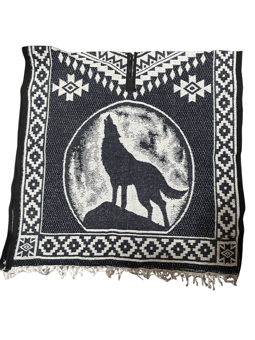 Navy Blue and White "Wolf Howling at The Moon" Poncho/Gaban