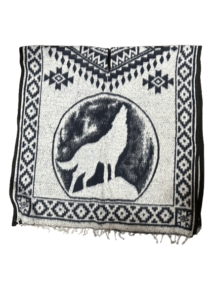 Navy Blue and White "Wolf Howling at The Moon" Poncho/Gaban