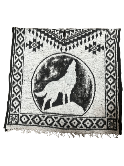 Black and White "Wolf Howling at The Moon" Poncho/Gaban