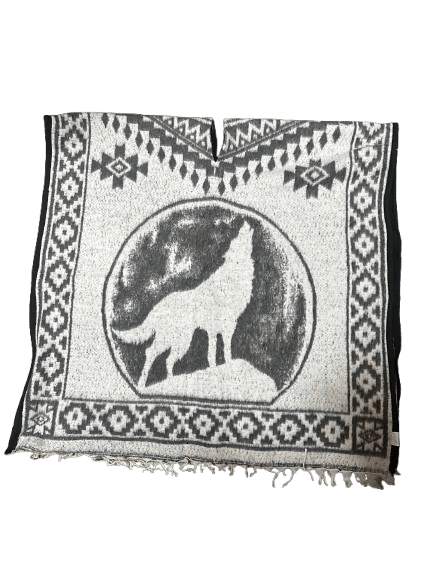 Grey and White "Wolf Howling at The Moon" Poncho/Gaban