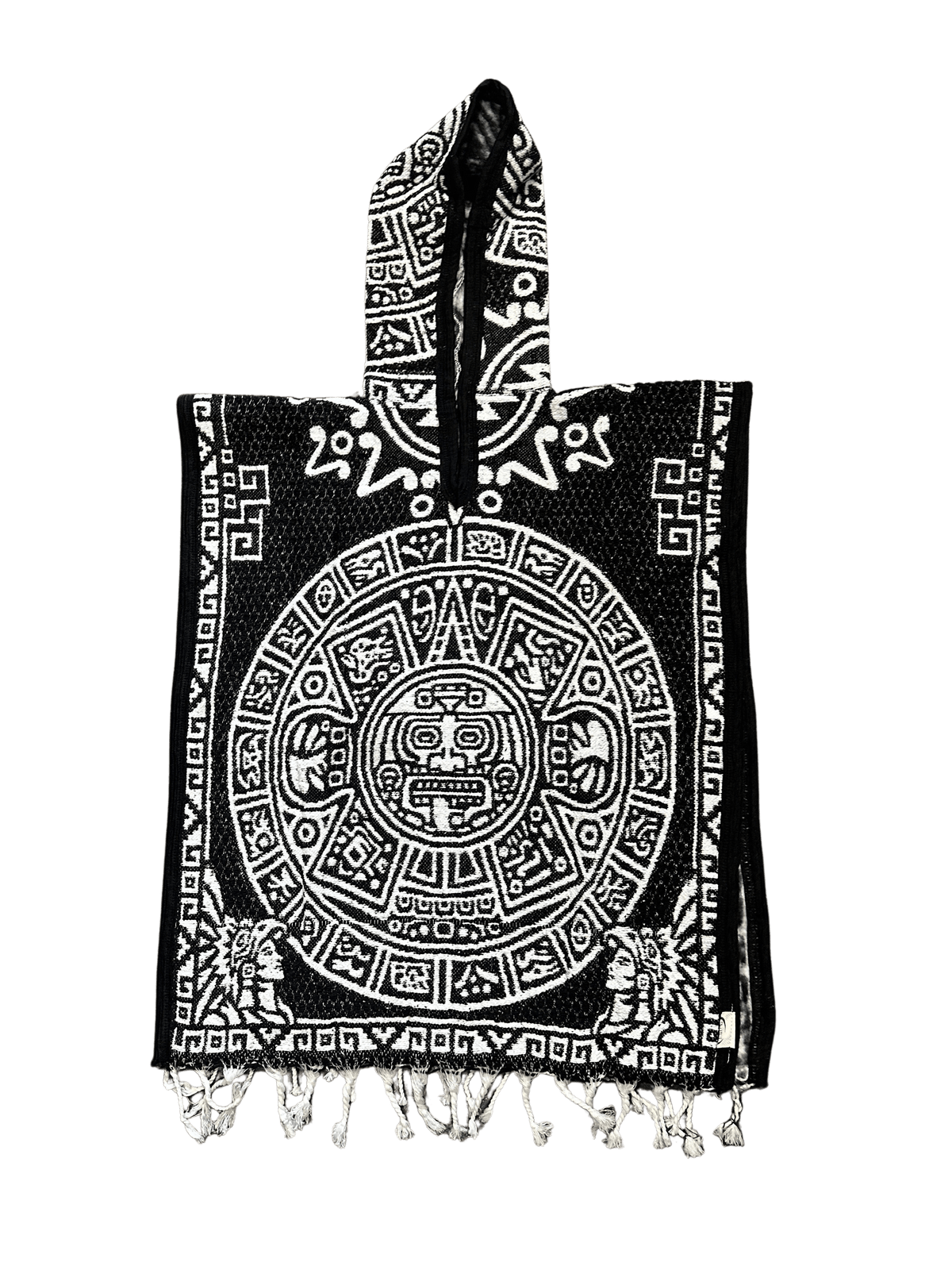 Youth Black and White Aztec Calendar Poncho/Gaban with Hoodie 