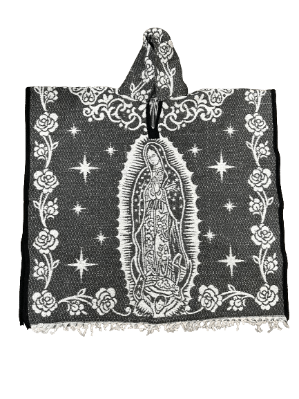 Grey and White Virgen de Guadalupe Poncho/Gaban with Hoodie / Gorro