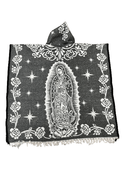 Grey and White Virgen de Guadalupe Poncho/Gaban with Hoodie / Gorro