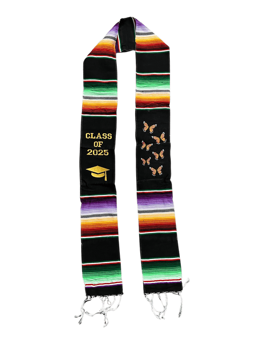 "Class of 2025" Black with Orange  Butterflies Sarape Graduation Stole