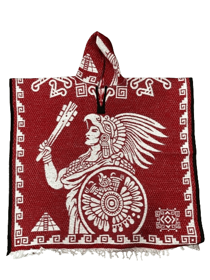 Red and White Aztec Calendar with Aztec Warrior Poncho/Gaban with Hoodie / Gorro