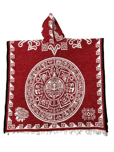 Red and White Aztec Calendar with Aztec Warrior Poncho/Gaban with Hoodie / Gorro