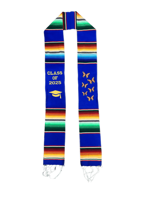 "Class of 2025" Blue with Orange  Butterflies Sarape Graduation Stole