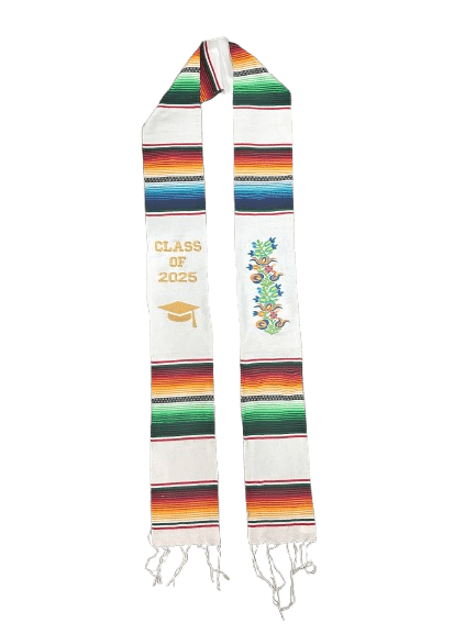 "Class of 2025" White with Flower Embroidery Multicolor V1 Sarape Graduation Stole