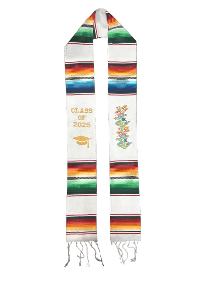 "Class of 2025" White with Flower Embroidery Multicolor V2 Sarape Graduation Stole