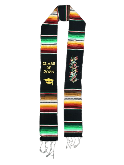 "Class of 2025" Black with Flower Embroidery Multicolor V2 Sarape Graduation Stole