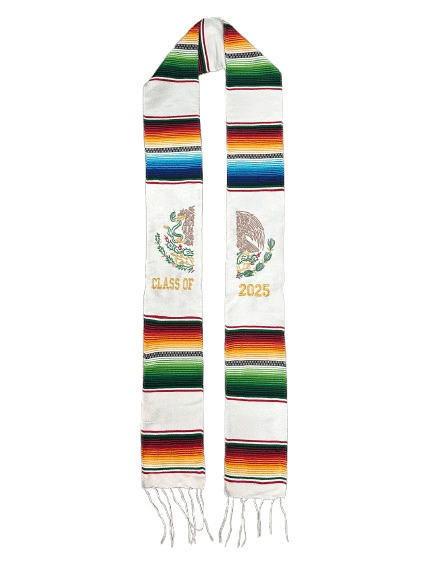 "Class of 2025" White with "Escudo de Mexico" Sarape Graduation Stole