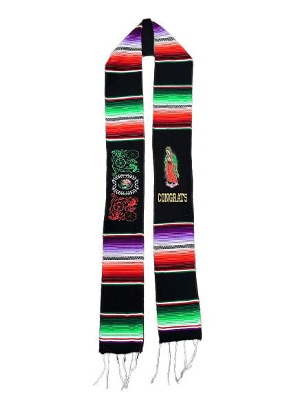 "Class of 2025" Black with "Escudo de Mexico" and "Virgen de Guadalupe" Sarape Graduation Stole