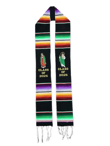 "Class of 2025" Black with "San Judas Tadeo" and "Virgen de Guadalupe" Sarape Graduation Stole