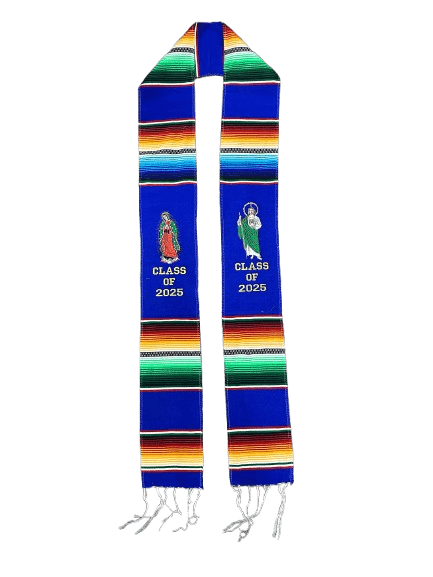 "Class of 2025" Blue with "San Judas Tadeo" and "Virgen de Guadalupe" Sarape Graduation Stole