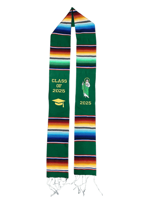 "Class of 2025" Green with "San Judas Tadeo" Sarape Graduation Stole