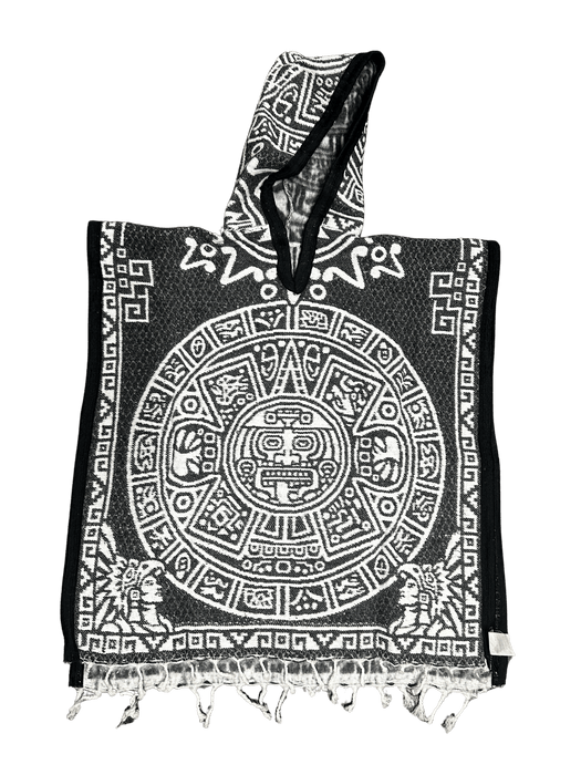 Youth Grey and White Aztec Calendar Poncho/Gaban with Hoodie / Gorro