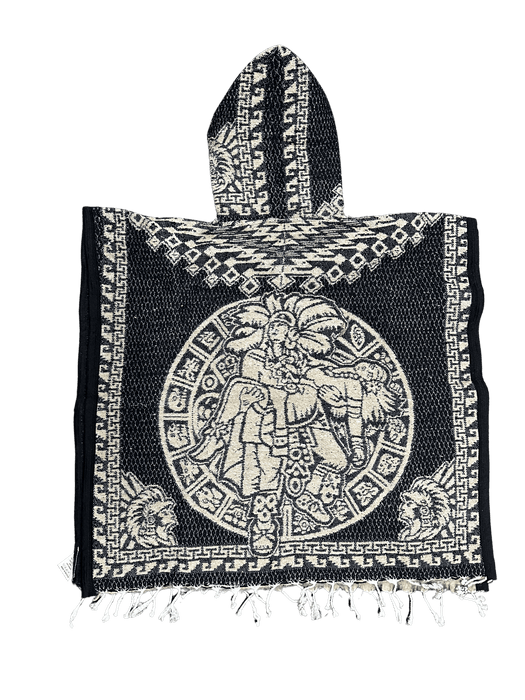 Youth Black and Light Brown Mexico Eagle with Warrior Carrying Sleeping Woman Poncho/Gaban with Hoodie / Gorro