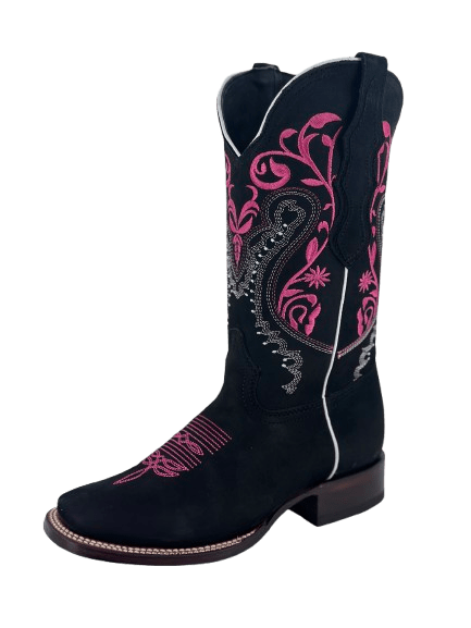 Women's Black Nobuck with Hot Pink Stems Leather Square Toe Rodeo Boot