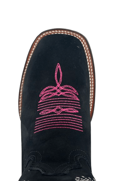 Women's Black Nobuck with Hot Pink Stems Leather Square Toe Rodeo Boot