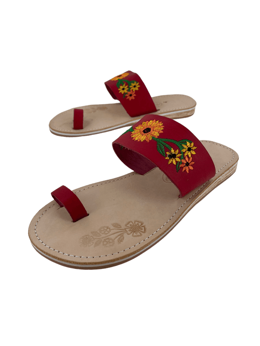 Leather Sandal - Red Single Strap with Sunflower