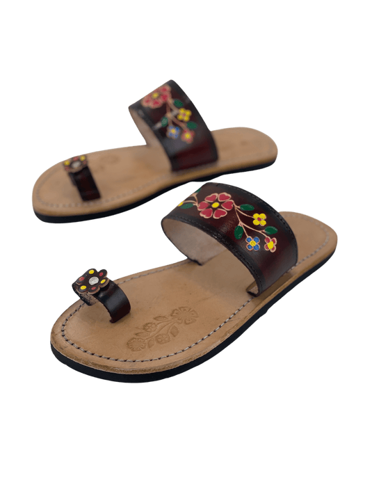 Leather Sandal - Brown Single Strap with Colorful Flowers