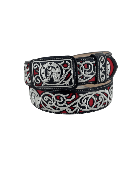 Black and White Horse Head in Horseshoe with Red Silk Thread Charro Leather Belt