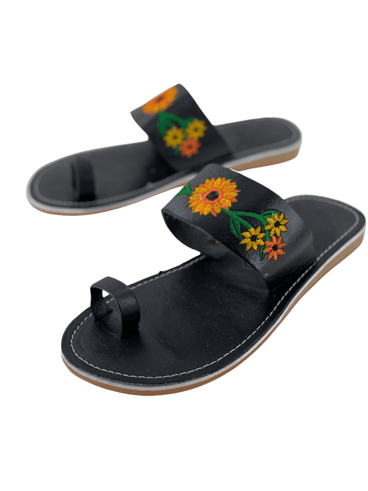 Leather Sandal - Black Single Strap with Sunflower