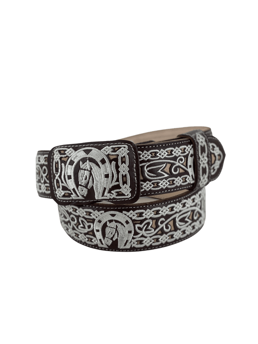 Brown and White Horse Head in Horseshoe with Light Brown Silk Thread Charro Leather Belt