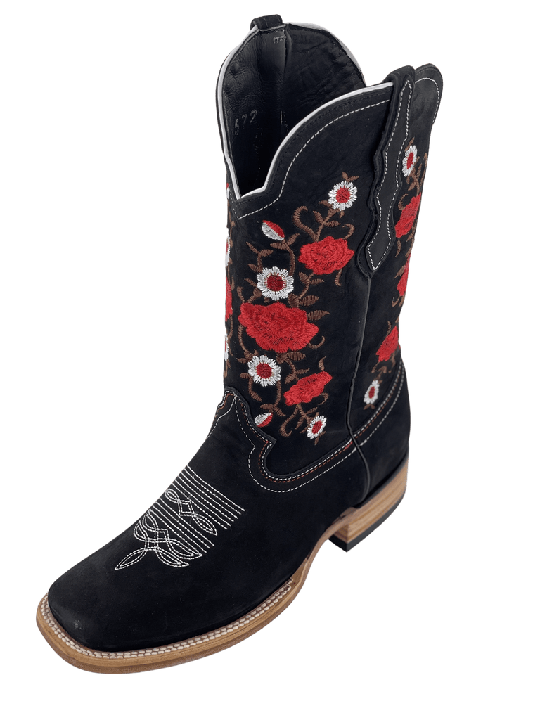 Women's Red Rose Nobuck Black Square Toe Rodeo Boot — Rodeo