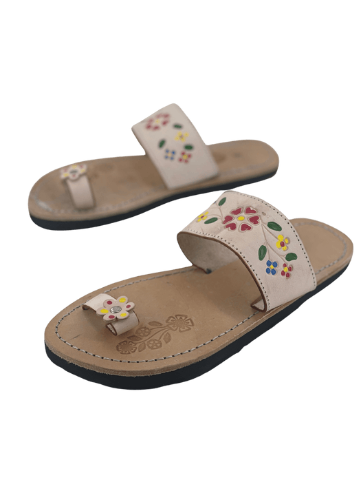 Leather Sandal - Natural Single Strap with Colorful Flowers