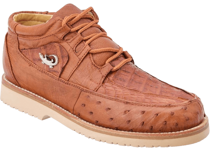 Zapato exótico de piel de cocodrilo / avestruz coñac